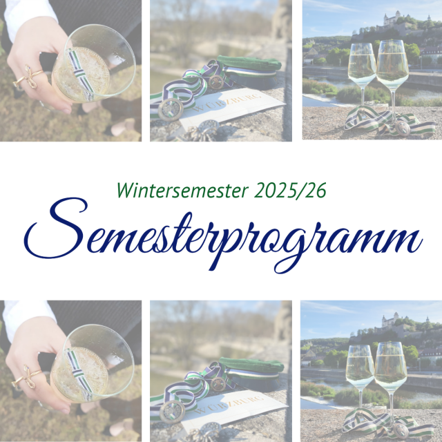 Titelbild des Semesterprogramm der Studentenverbindung AV Athenia in Würzburg für das Wintersemester 2025/26 Stimmungsbilder aus dem Studentenleben in Würzburg mit dem Couleur der Athenia in Blau-Weiß-Grün