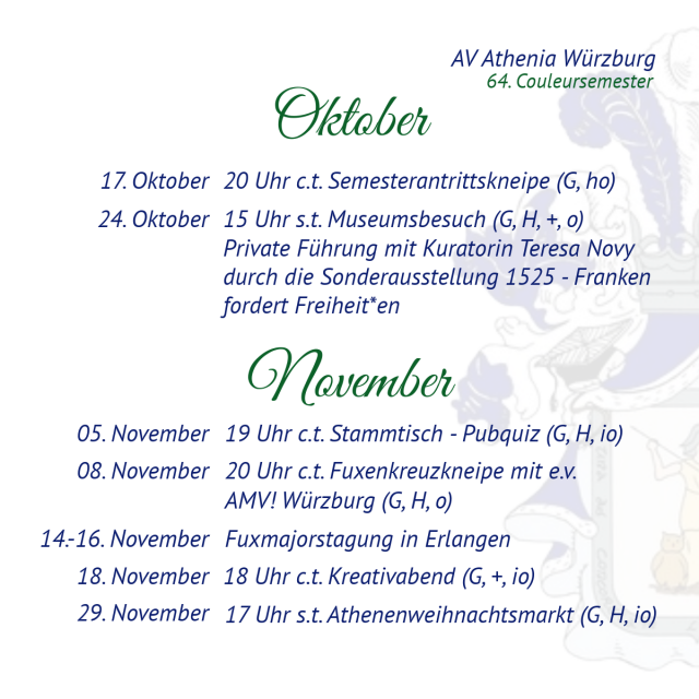 Semesterprogramm der Athenia in Würzburg im Oktober und November 2025. Details in der ICal oder PDF Datei