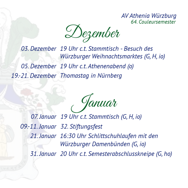 Semesterprogramm der Athenia in Würzburg im Dezember 2025 und Januar 2026. Details in der ICal oder PDF Datei