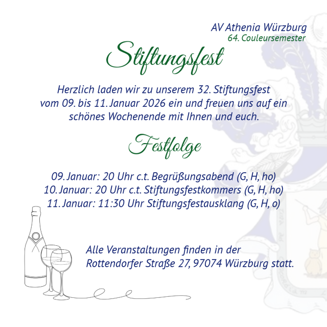 Programm zum 32. Stiftungsfest der Athenia in Würzburg vom 9. bis 11. Januar 2026