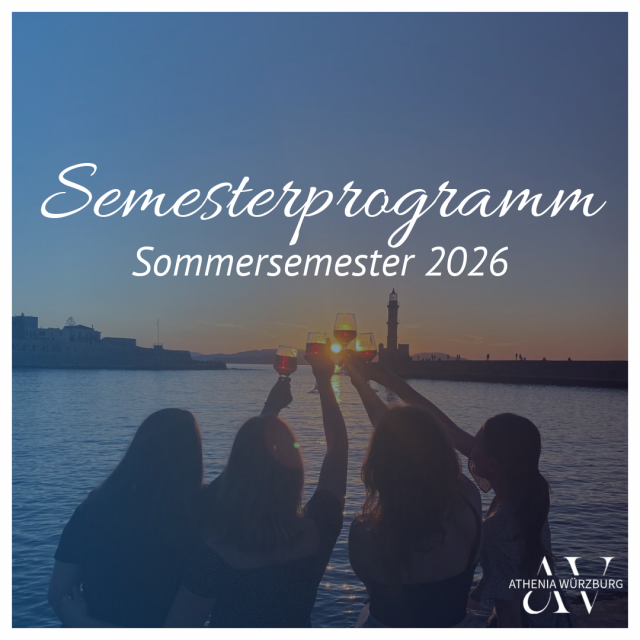 Semesterprogramm der AV Athenia Würzburg im Sommer 2026 Deckblatt mit Titelbild Frauen mit Wein am See bei Sonnenuntergang