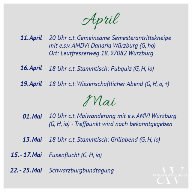 Semesterprogramm der AV Athenia Würzburg im Sommer 2026 - Prgrammpunkte im April und Mai