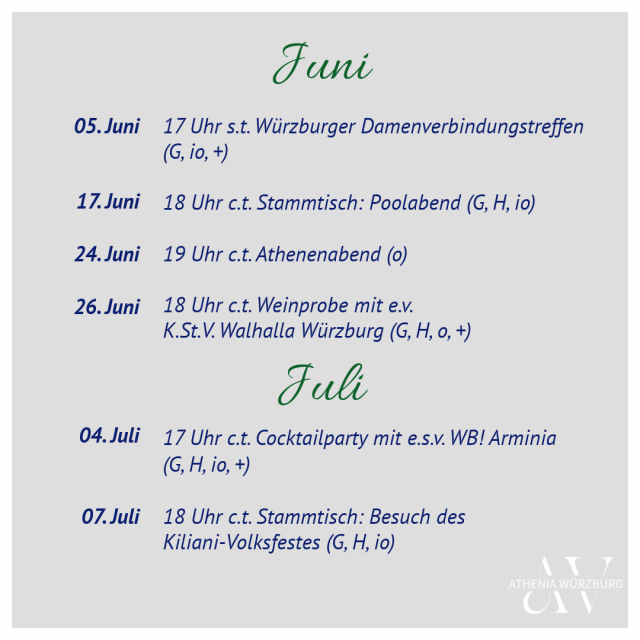 Semesterprogramm der AV Athenia Würzburg im Sommer 2026 Programmpunkte im Juni und Juli