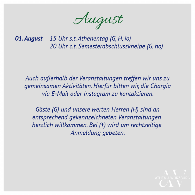 Semesterprogramm der AV Athenia Würzburg im Sommer 2026 Programmpunkte im August