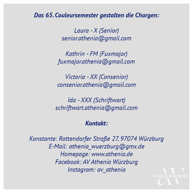 Semesterprogramm der AV Athenia Würzburg im Sommer 2026 Informationen zu den Chargen und Kontaktdaten